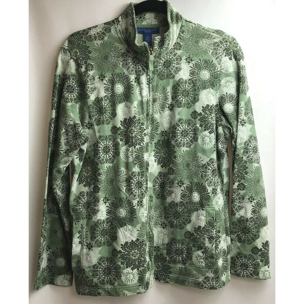 Karen Scott Jacket Women Small Green Floral 100% Cotton Full Zip Pockets Casual